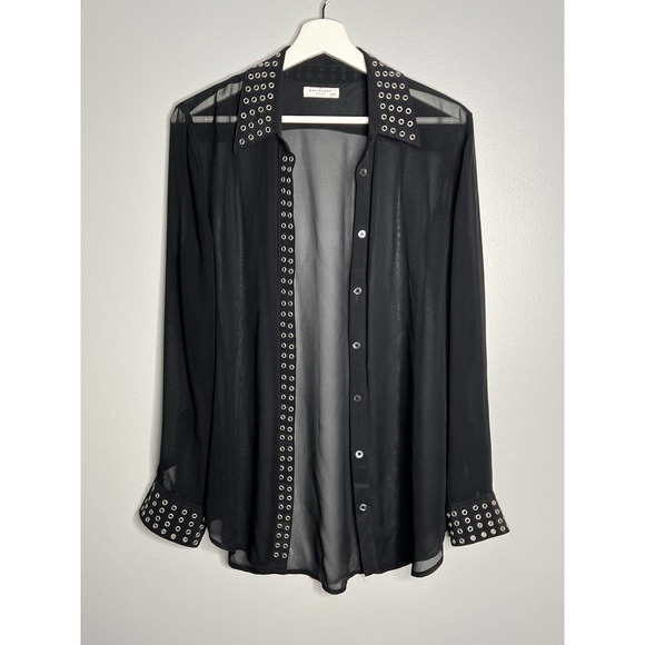 Equipment Femme Silk Sheer Black Button Down with Grommets - Picture 1 of 7